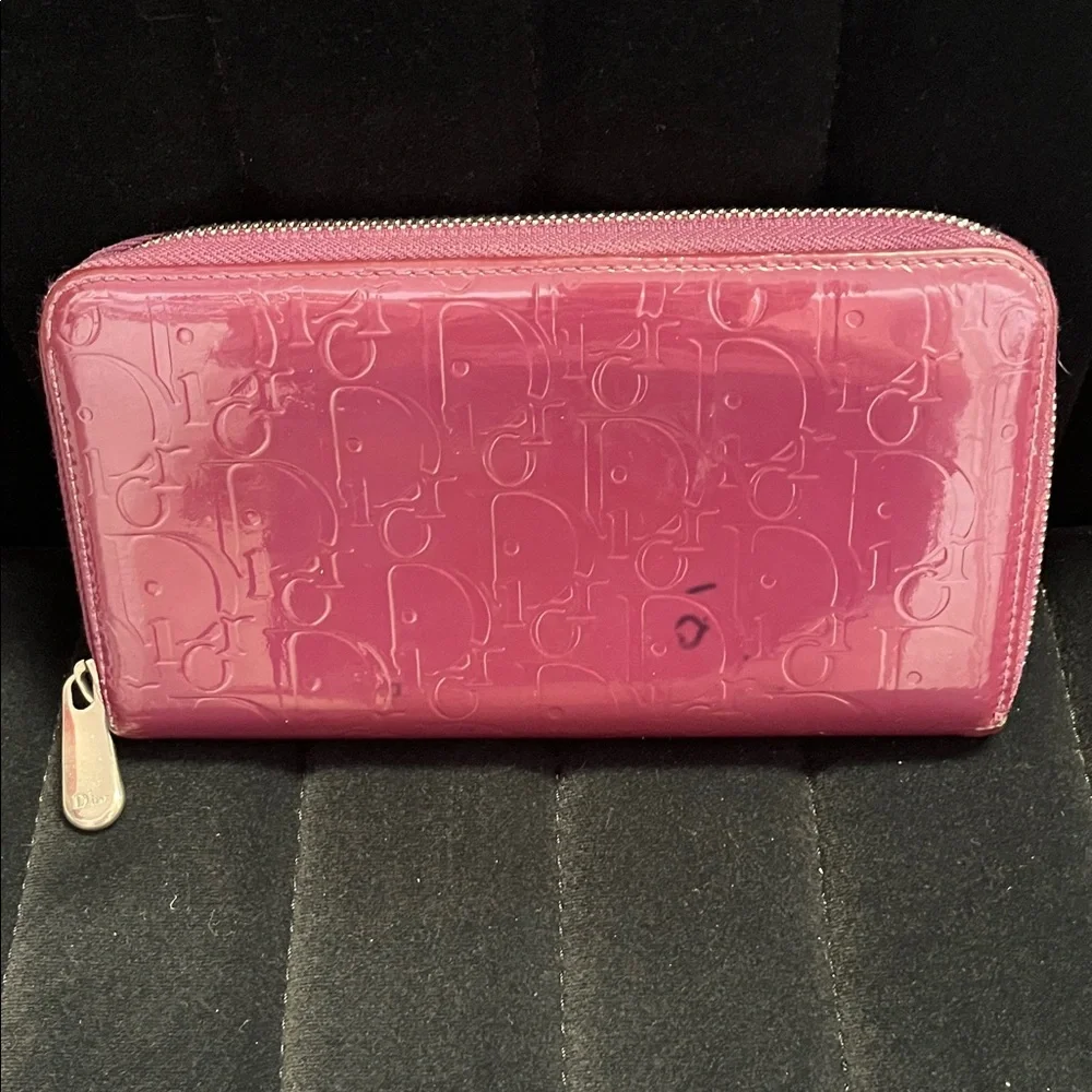 Dior Purple Patent Leather Embossed Zip Wallet